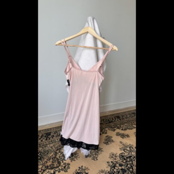 La Vie en Rose Pink Satin Slip Dress with Black Lace Trim - Size S/P - Picture 3 of 5